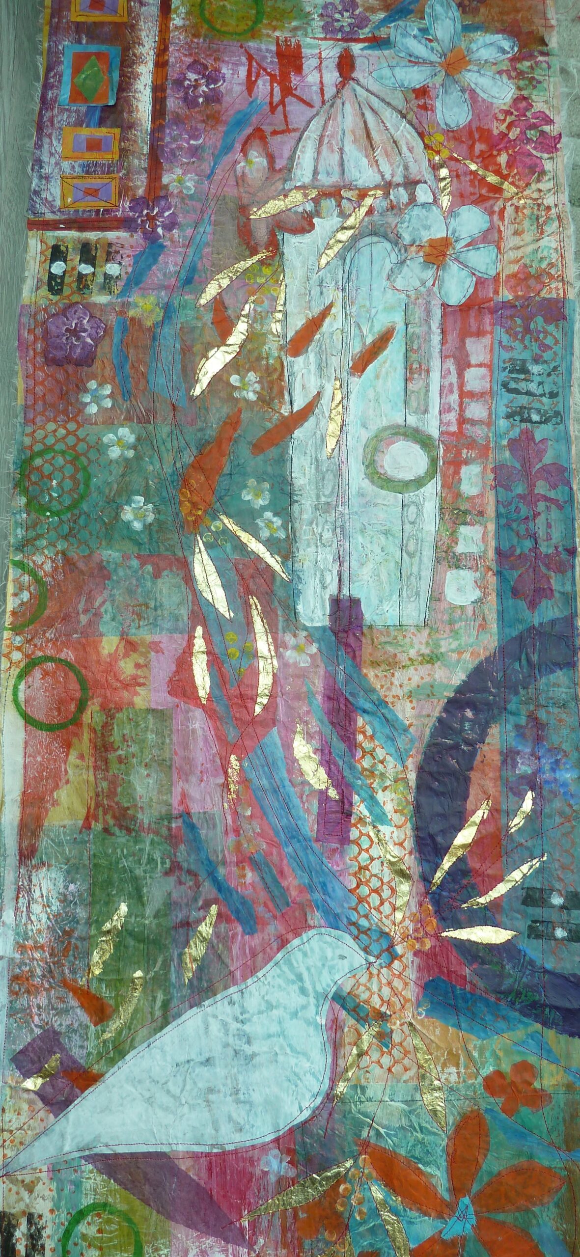 Tall turquoise collage of architectural forms, figures, flowers and layered stitching