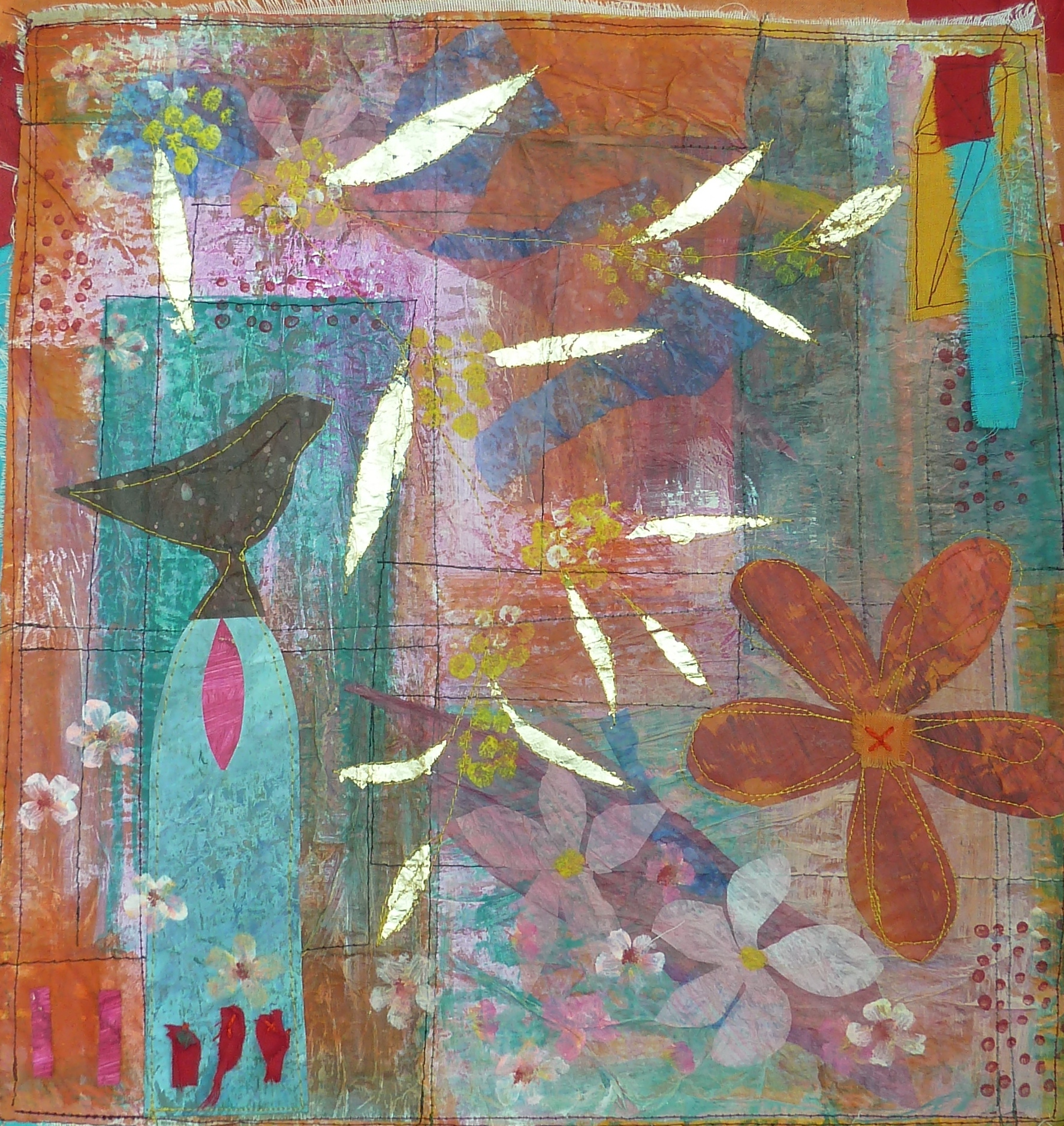 Vivid turquoise, ochre and purple paper collage with flowers, stitched shapes and a stylised figure
