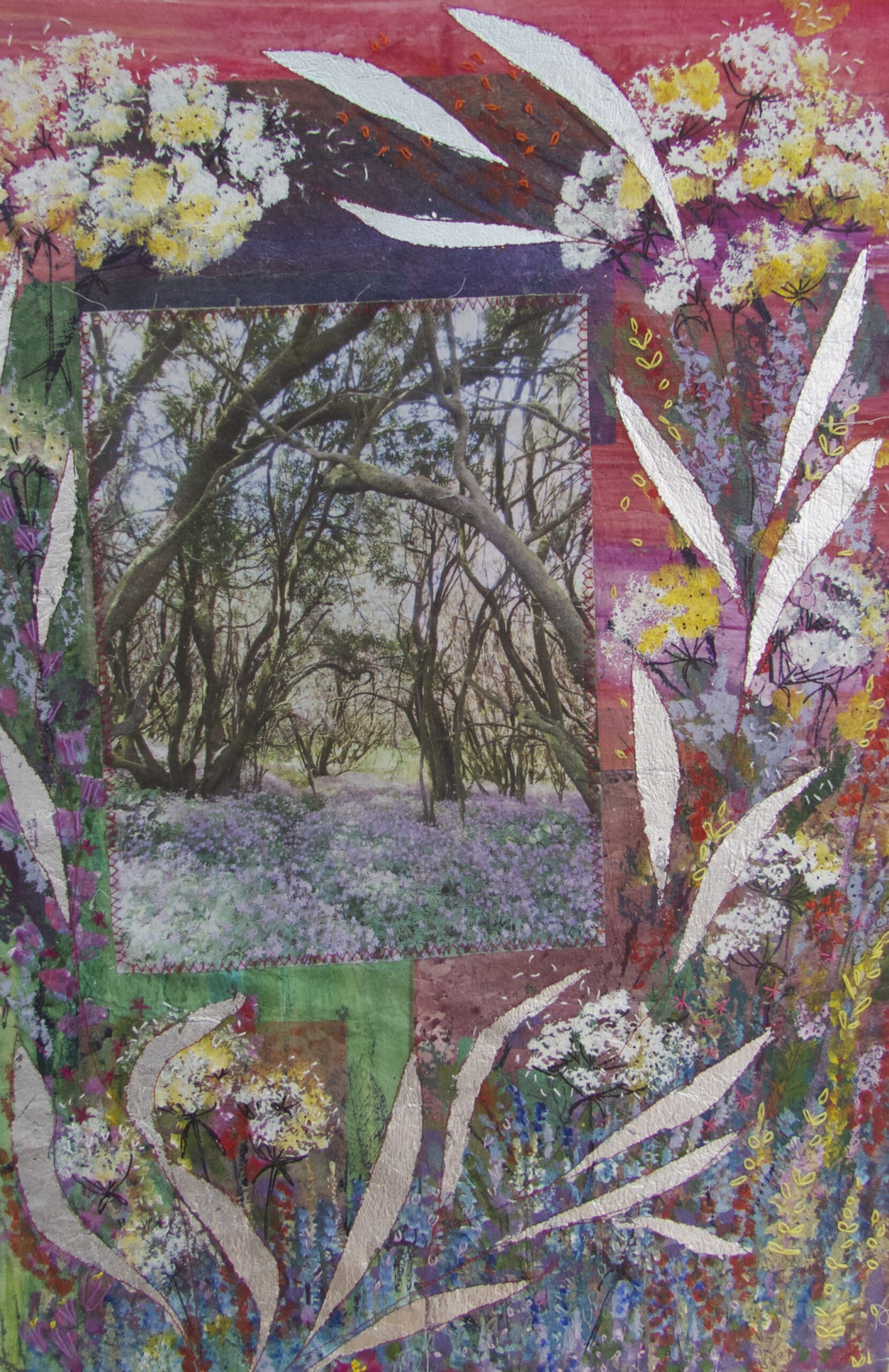 Woodland photograph surrounded by layered purple, green and white botanical shapes