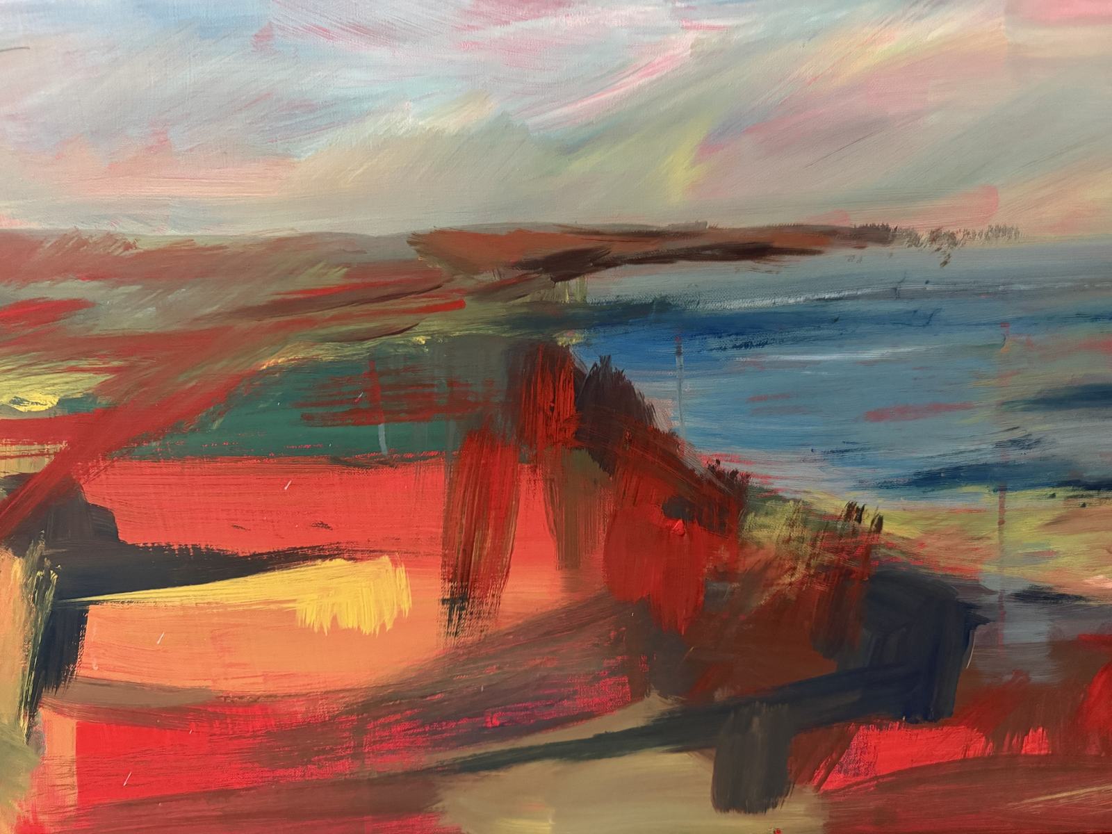 Wide abstract landscape in coral, red, blue and charcoal